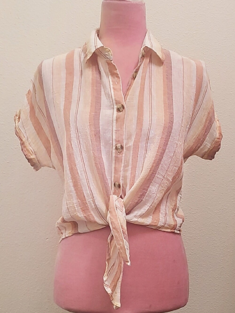Thread & Supply Short-Sleeve Tie-Front Button Shirt - Cream & Tan Stripes